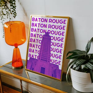 Baton Rouge Louisiana Wall Art Print Retro Purple and Gold NOLA Travel Poster Baton Rouge LA Printable Trendy Dorm Decor Digital Download