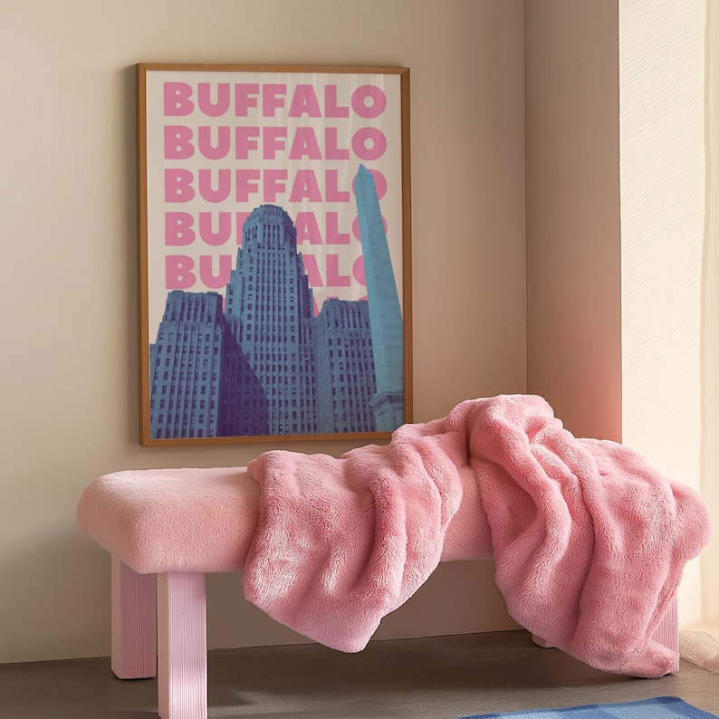 Impressão de arte de parede de Buffalo, NY, download digital, pôster de arte de Nova York, decoração de parede de Buffalo, NY, azul e rosa, arte para impressão de Buffalo, Nova York imagem 3
