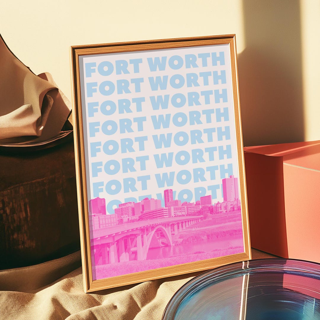 Fort Worth Print Texas Wall Art Pink & Blue City Skyline Travel Poster ...