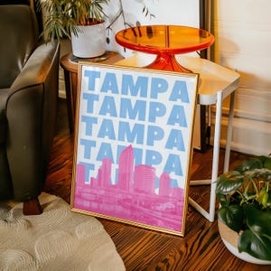 Tampa Wall Art Digital Download Blue and Pink Florida Print Tampa City Skyline Retro Travel Poster Girly Dorm Decor Cute Printable Artwork