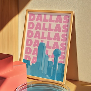 Dallas Print Digital Download Texas Poster Pink Blue Dallas City Skyline Art Girly TX Wall Decor Preppy Dorm Printable Cute Trendy Artwork
