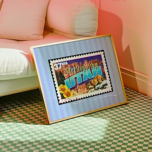 Utah Print Digital Download Retro UT Stamp Horizontal Utah Wall Art Girly Salt Lake City Prints Trendy Dorm Decor Striped Printable Artwork
