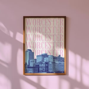 Worcester MA Print Massachusetts Digital Download Blue Pink Worcester Wall Art Retro City Skyline Poster Printable Decor Cute Girly Artwork