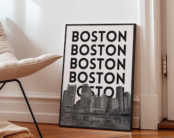 Boston Skyline Print Black and White Skyline Art Massachusetts Travel Poster (Digital Download)