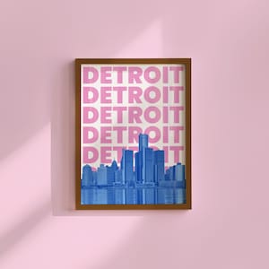 Detroit Print Digital Download Michigan Wall Art Detroit Skyline Travel Poster Pink Blue Michigan Decor Preppy Detroit MI Printable Artwork