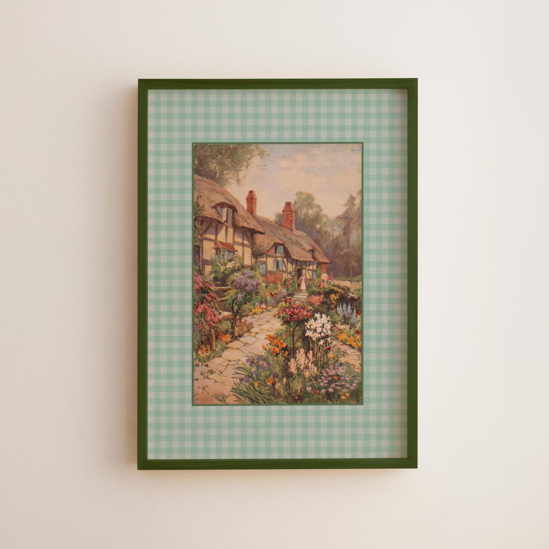 English Cottage Garden Wall Art Vintage Floral Print Green Gingham ...