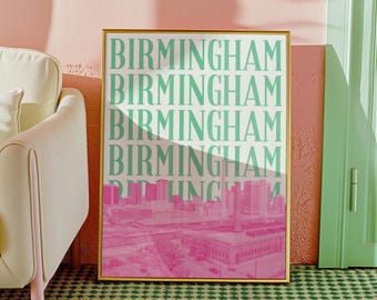 Impresión de arte mural de Birmingham, Alabama, póster del horizonte, obra de arte preppy, decoración verde y rosa, imprimible para chicas, Birmingham, AL (descarga digital)