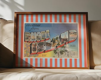 Impresión de Rhode Island, Providence, arte de pared, postal retro de Rhode Island, póster de viaje vintage, obra de arte de rayas rojas y azules, decoración imprimible (descarga digital)
