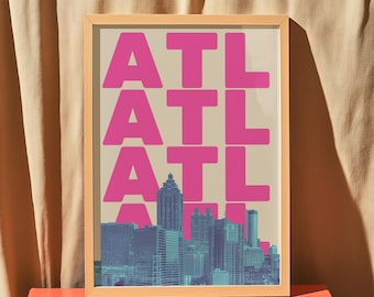 Atlanta Wall Art Print ATL Poster Georgia Wall Decor Digital Download Atlanta Georgia Skyline Pink Blue Atlanta Printable Artwork