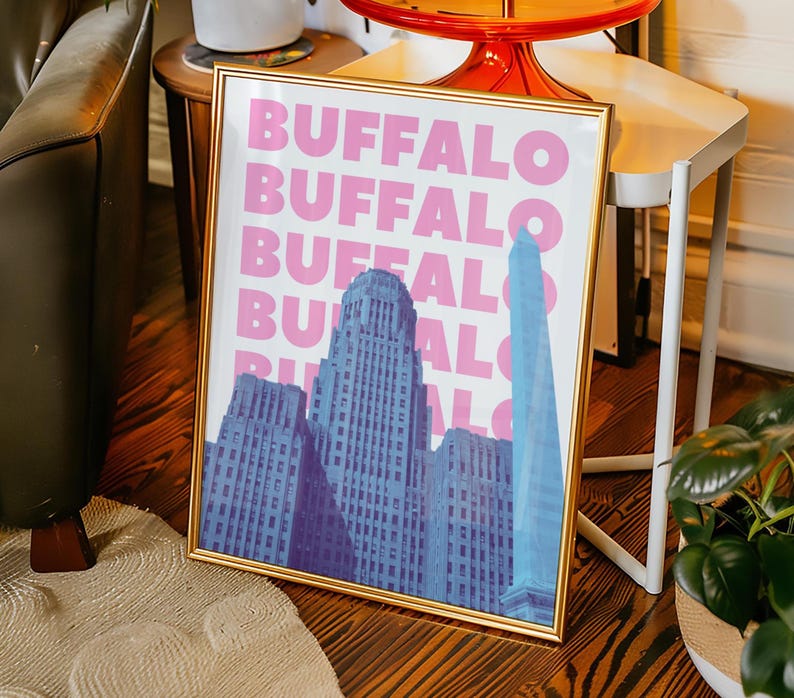 Impressão de arte de parede de Buffalo, NY, download digital, pôster de arte de Nova York, decoração de parede de Buffalo, NY, azul e rosa, arte para impressão de Buffalo, Nova York imagem 5
