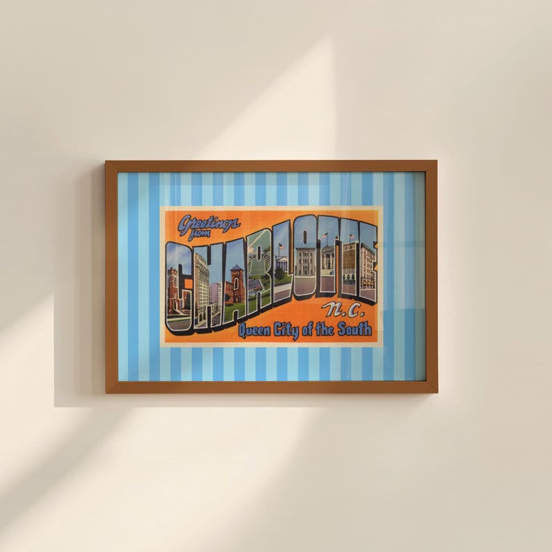 Charlotte NC Art Print Vintage North Carolina Digital Download Horizontal Blue Charlotte Travel Poster Retro Artwork Trendy Dorm Wall Decor