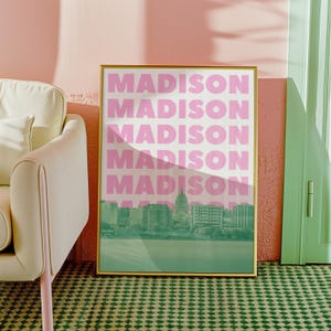 Madison WI Wall Art Print Digital Download Green and Pink Madison Skyline Preppy Wisconsin Travel Poster  Girly Dorm Decor Printable Artwork