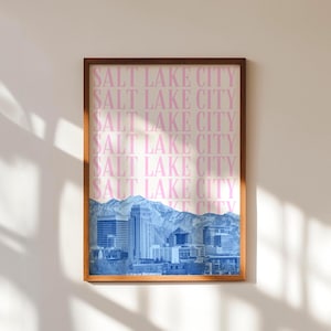 Salt Lake City Print Digital Download Blue and Pink Utah Travel Poster SLC Skyline Printable Preppy Dorm Decor Girly Salt Lake UT Artwork
