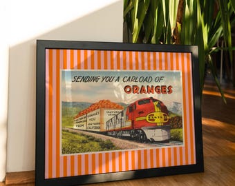 Vintage California Oranges Print Santa Fe Train Poster Retro Southern CA Wall Art Pink and Orange Striped Artwork (Digital Download)