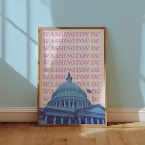 Washington DC Print Digital Download DC Skyline Blue Pink US Capitol Poster Preppy Travel Artwork Girly Washington Dorm Decor Retro Wall Art