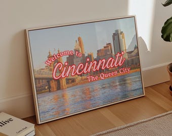 Impresión del horizonte de Cincinnati, Ohio, decoración de pared, póster de viaje vintage, foto del centro de Cincinnati, Queen City, rojo, OH, obra de arte imprimible (descarga digital)