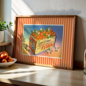 Impresión vintage de naranjas de Florida, descarga digital, decoración de pared de Florida con rayas anaranjadas y rosas, póster horizontal femenino del estado del sol, obra de arte retro y moderna.