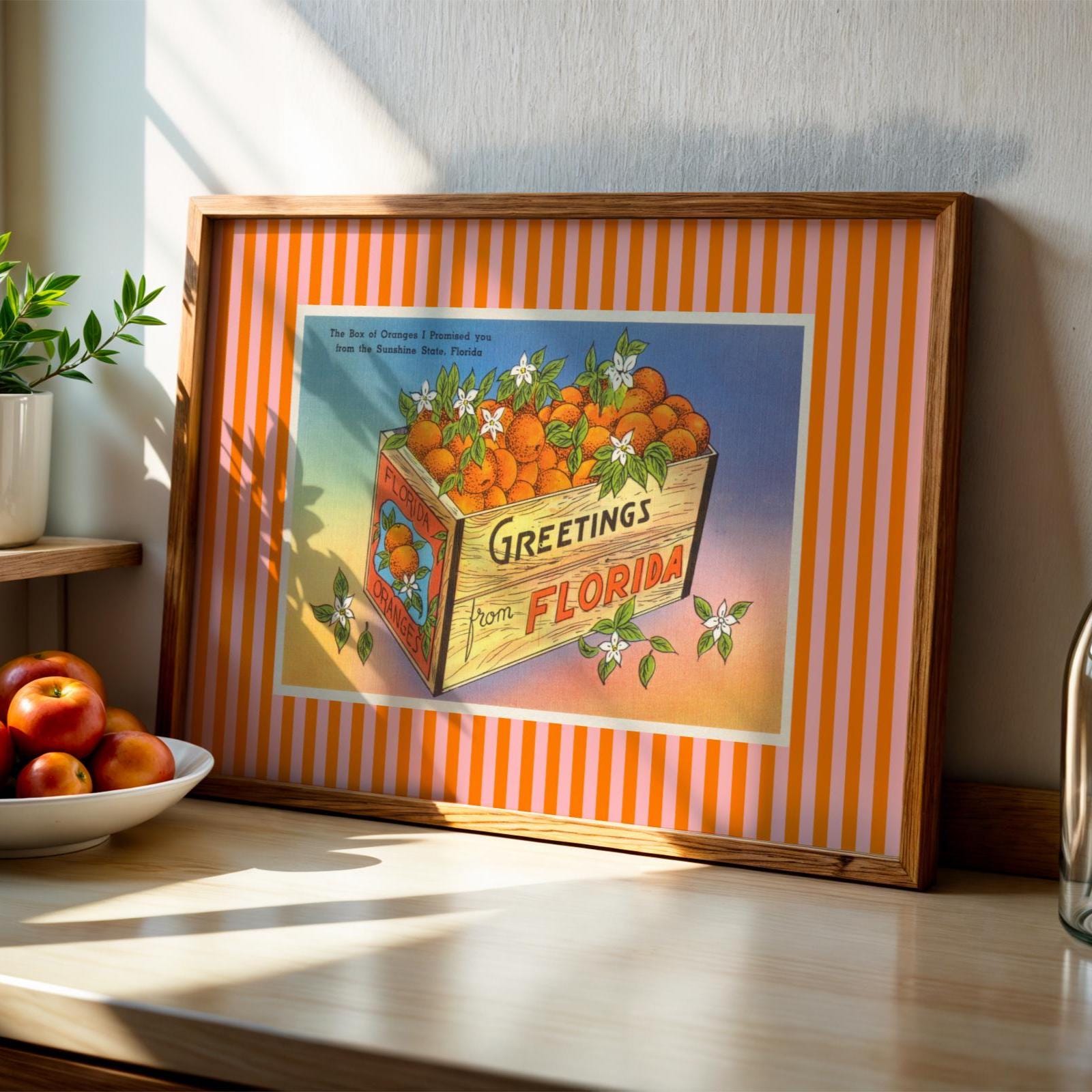 Florida Oranges Print Vintage Digital Download Orange Pink Striped FL Wall Decor Girly Horizontal Sunshine State Poster Retro Trendy Artwork