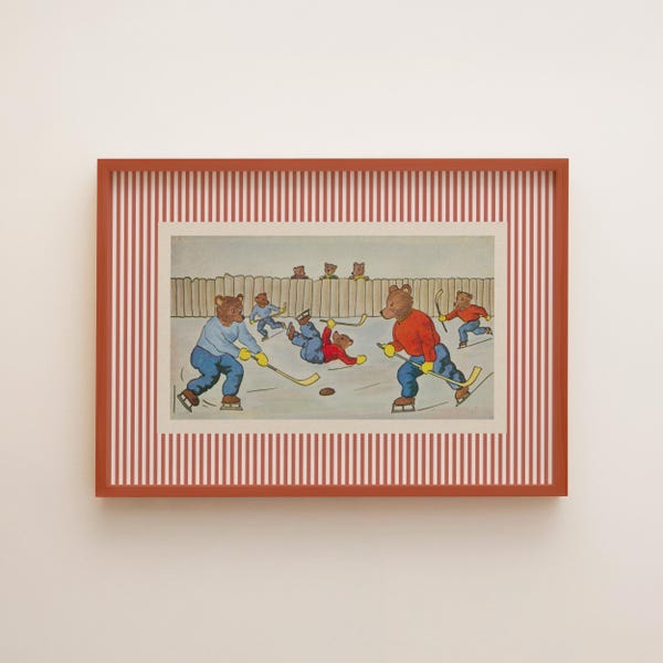 Póster vintage de hockey sobre hielo con diseño de oso para pared de guardería, decoración deportiva para habitación de bebé niño (descarga digital)