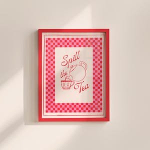 Impression de renverser le thé, art de cuisine girly, affiche de bar à café rouge et rose rétro, décoration murale théière vintage (téléchargement numérique)