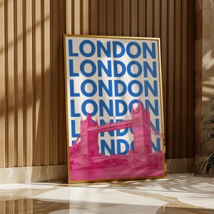London Print Digital Download Blue Pink UK Travel Poster London Bridge Printable Wall Art Preppy London Decor Girly London Skyline Artwork