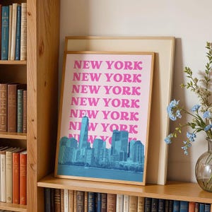 New York City Wall Art Print Digital Download NYC Travel Poster Retro New York Printable Preppy NY Dorm Decor Pink Blue New York Artwork