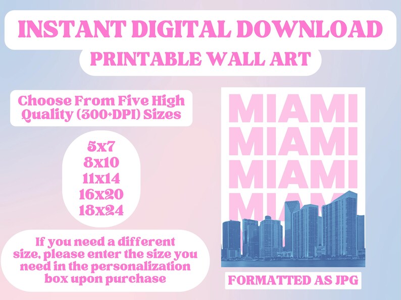 Miami Poster Retro Florida Print Blue & Pink City Skyline Wall Art ...