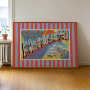 Vintage DC Art impression téléchargement numérique Washington voyage affiche horizontale DC imprimable éclectique rouge bleu dortoir Decor oeuvre à rayures rétro