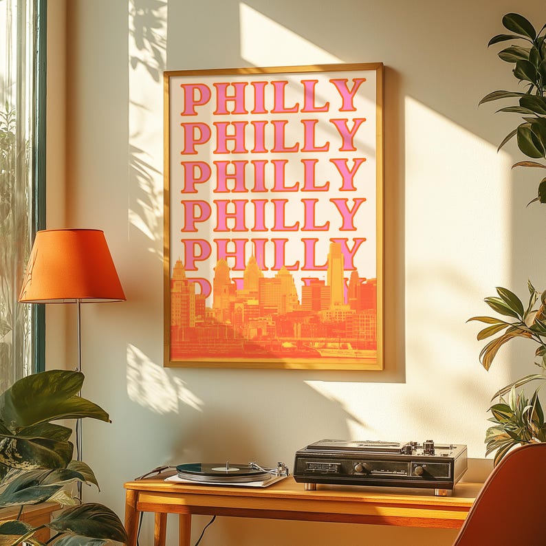 Philadelphia Skyline Druck Philly Wand Kunst Pink und Orange Pennsylvania Poster (Digitaler Download) Bild 3
