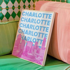 Charlotte NC Wall Art Print Digital Download Blue Pink North Carolina Travel Poster Charlotte NC Decor Skyline Charlotte Printable Artwork