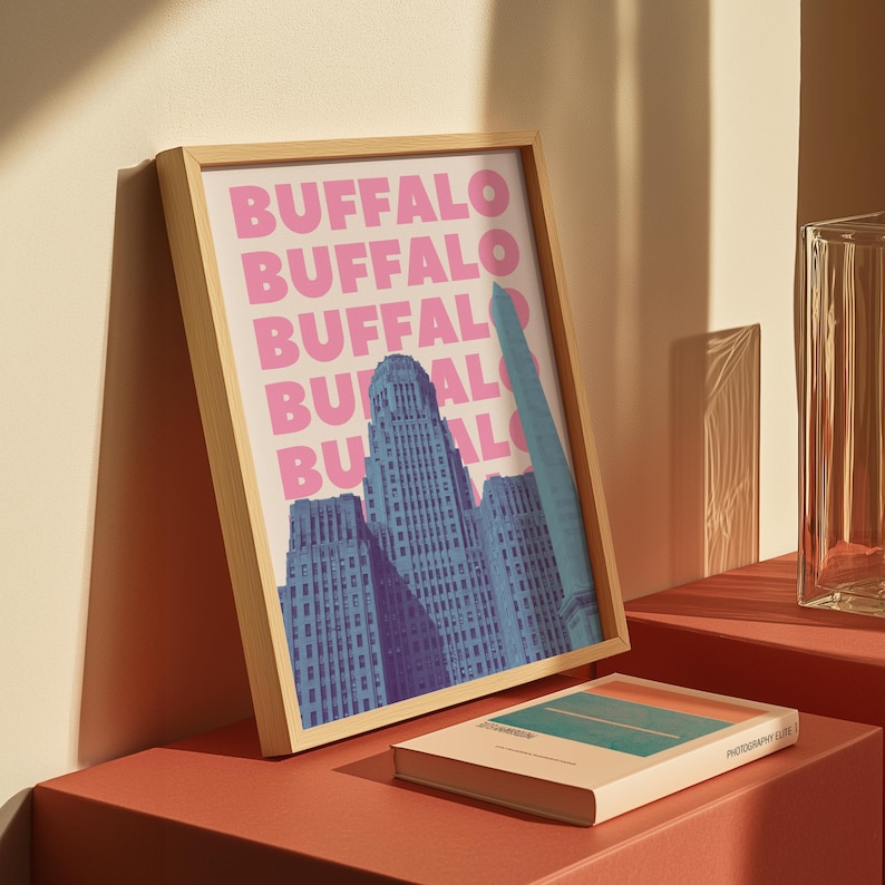 Impressão de arte de parede de Buffalo, NY, download digital, pôster de arte de Nova York, decoração de parede de Buffalo, NY, azul e rosa, arte para impressão de Buffalo, Nova York imagem 6