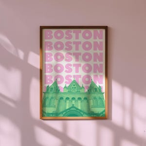 Boston Wall Art Print Digital Download Green Pink Massachusetts Travel Poster Preppy Boston Apartment Dorm Decor Girly Printable MA Artwork