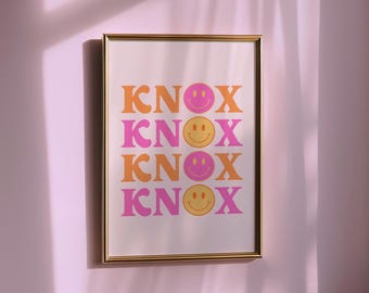 Knoxville Wall Art Digital Download Pink Orange Tennessee Dorm Decor Preppy Knox Poster Retro Smiley Face Typography Printable Girly TN Sign
