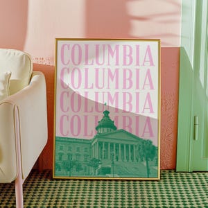 Columbia SC Print Digital Download South Carolina Wall Art Green Pink Columbia Poster Preppy SC Columbia Dorm Decor SC Capitol Printable Art