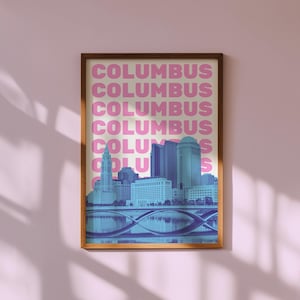 Columbus Ohio Wall Art Print Digital Download Blue and Pink Columbus Skyline Poster Preppy OH Dorm Decor Trendy Girly Ohio Printable Artwork