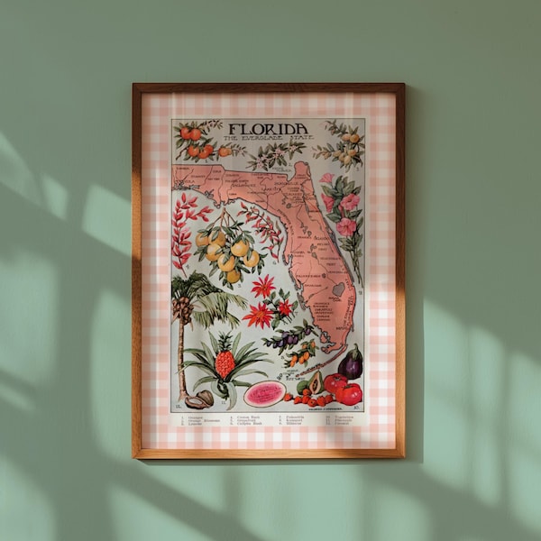 Florida Map Print Vintage FL Wall Art Printable Gingham Beach Decor Colorful Plant & Palm Tree Poster (Digital Download)