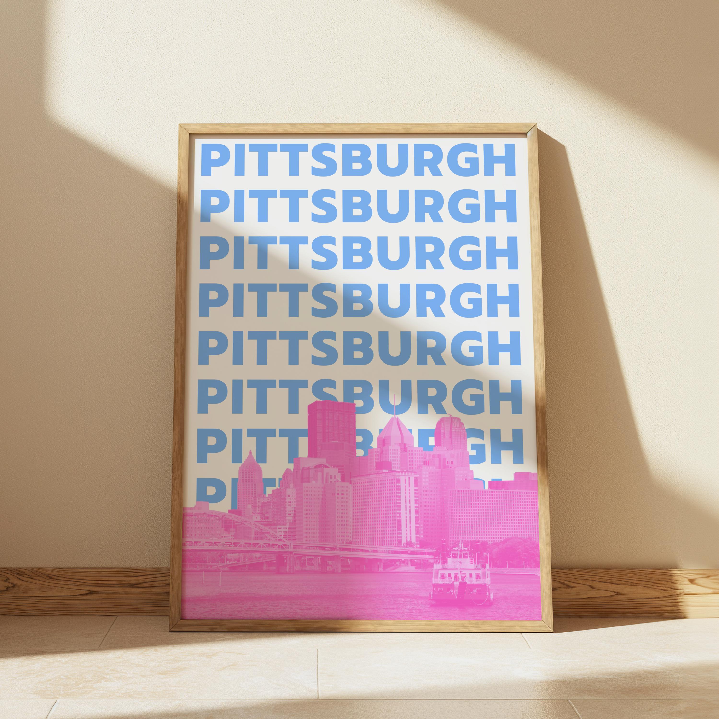 Pittsburgh print digitale download blauw en roze Pennsylvania Wall Art afdrukbare skyline van Pittsburgh preppy slaapzaal decor Girly trendy artwork