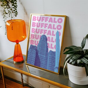 Impressão de arte de parede de Buffalo, NY, download digital, pôster de arte de Nova York, decoração de parede de Buffalo, NY, azul e rosa, arte para impressão de Buffalo, Nova York imagem 2