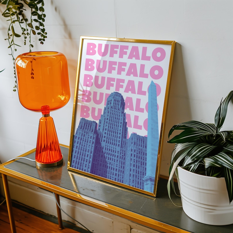 Impressão de arte de parede de Buffalo, NY, download digital, pôster de arte de Nova York, decoração de parede de Buffalo, NY, azul e rosa, arte para impressão de Buffalo, Nova York imagem 2
