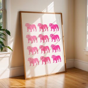 Impresión artística de pared de bulldog rosa, descarga digital, póster imprimible de bulldog inglés, decoración abstracta retro para perros, regalo para amantes de los bulldogs, arte de pared femenino