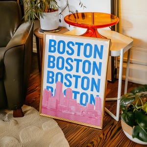 Impresión digital de Boston, descarga digital, póster de viaje rosa y azul de Massachusetts, obra de arte imprimible del horizonte de Boston, decoración de dormitorio femenino, arte de pared preppy de Boston