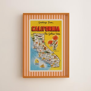 May include: Framed vintage-style print with a map of California, featuring the text "Greetings from California, The Golden State." The map is yellow and blue, with illustrations of landmarks. The frame is orange with a striped border.
