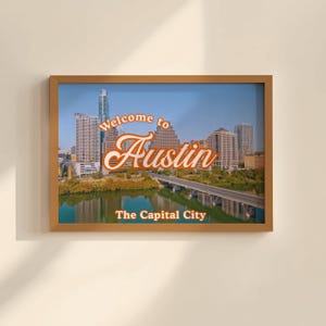 Austin TX Wall Art Digital Download Orange Pink Texas Print Vintage Texas Dorm Decor Skyline Photo of Austin Poster Trendy Retro Printable