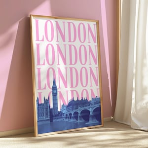London Poster Print Digital Download UK Wall Art London Bridge Printable Blue Pink London Travel Poster Preppy Decor London Girly Artwork