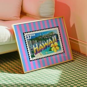 Hawaii Travel Print Digital Download Retro Honolulu Poster Pink Blue Hawaii Wall Art Vintage Oahu Decor Girly Hawaii Island Printable Art