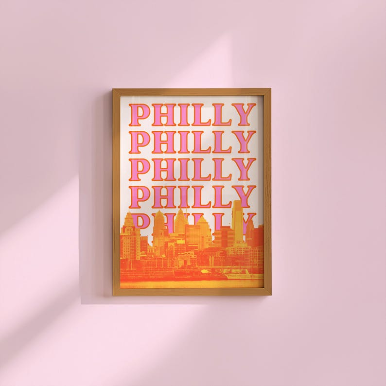 Philadelphia Print Digital Download Pennsylvania Wall Art Philly City Skyline Retro Travel Poster Orange and Pink PA Artwork Girly Printable