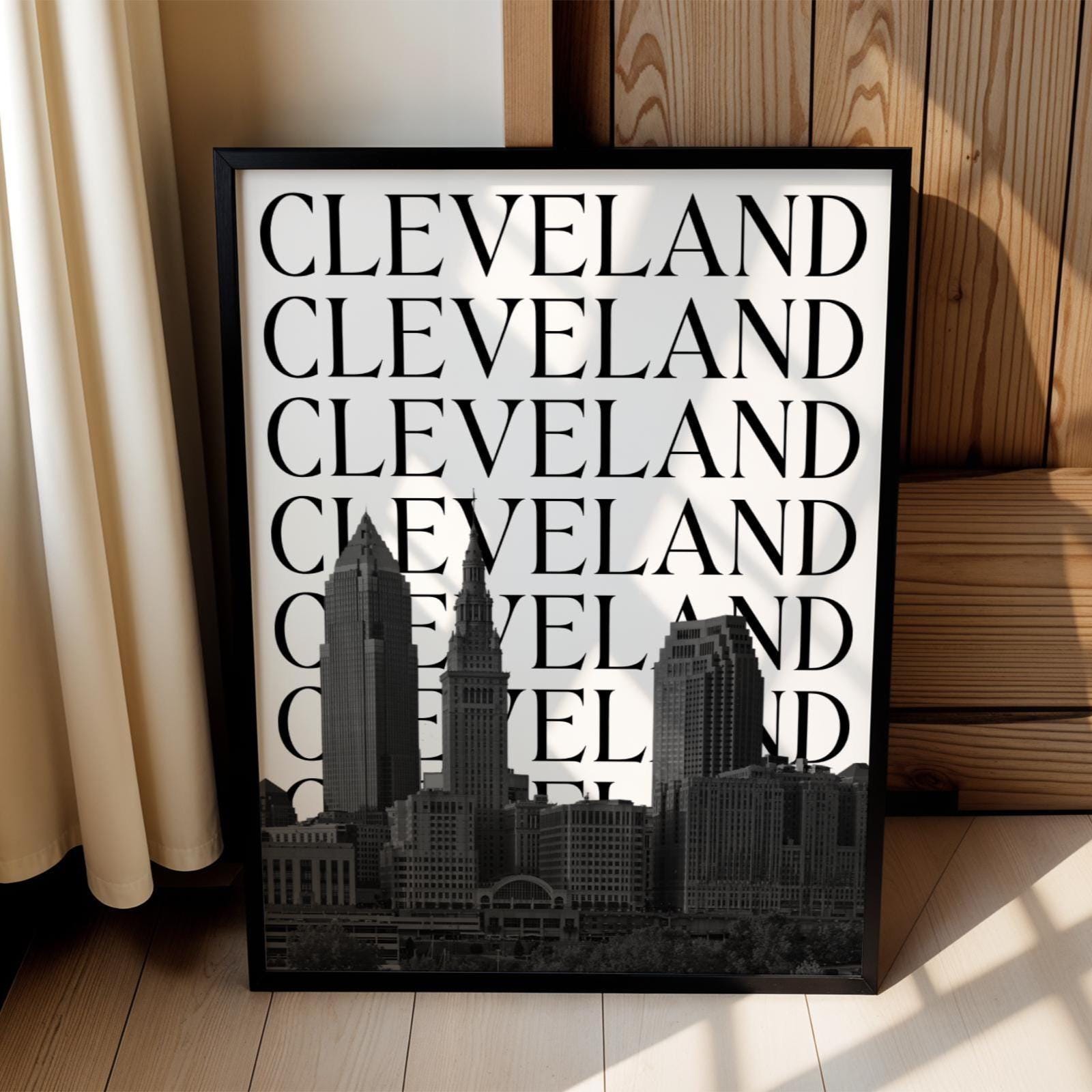 Black White Cleveland Ohio Print Digital Download Minimalist Cleveland OH Skyline Travel Poster Ohio Printable Artwork Cleveland Wall Art