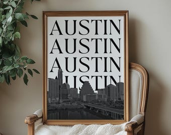 Schwarz Weiß Austin Texas Print Sunset Skyline Retro Reise-Poster (Digitaler Download)