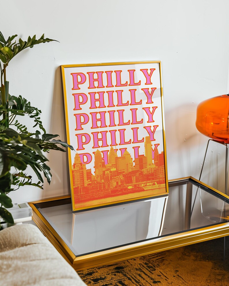Philadelphia Skyline Druck Philly Wand Kunst Pink und Orange Pennsylvania Poster (Digitaler Download) Bild 2