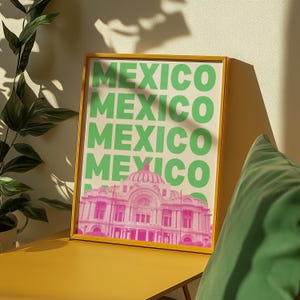 Mexico City Print Digital Download Mexico Travel Poster Green Pink Mexico Wall Art Palacio de Bellas Artes Printable Decor Mexico Artwork